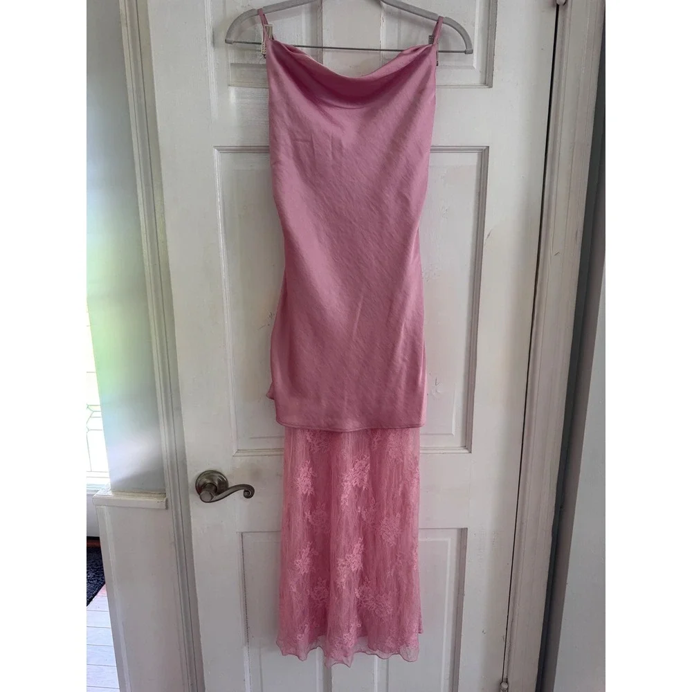 Abercrombie & Fitch Pink Satin Lace Cowl Neck Maxi Dress XXSP XXS Petite